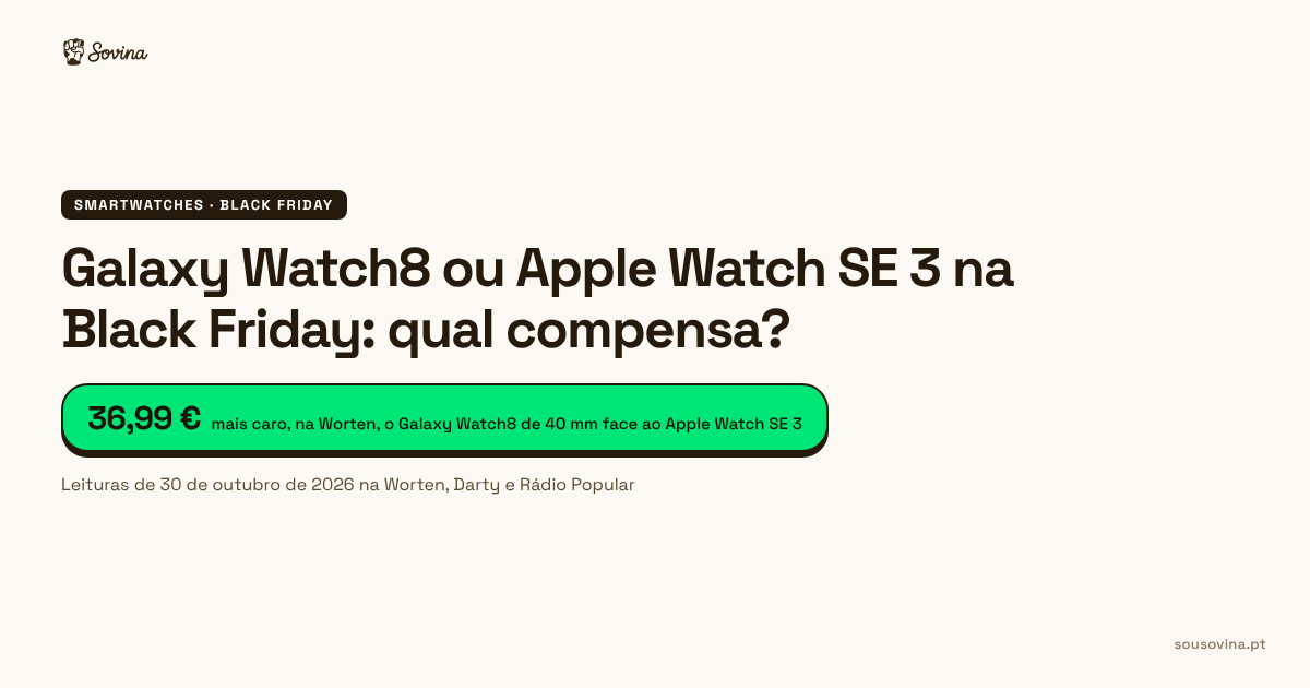 Preço de hoje, preço habitual e mínimo do Galaxy Watch8 e do Apple Watch SE 3 na Darty, na Rádio Popular e na Worten em outubro de 2026